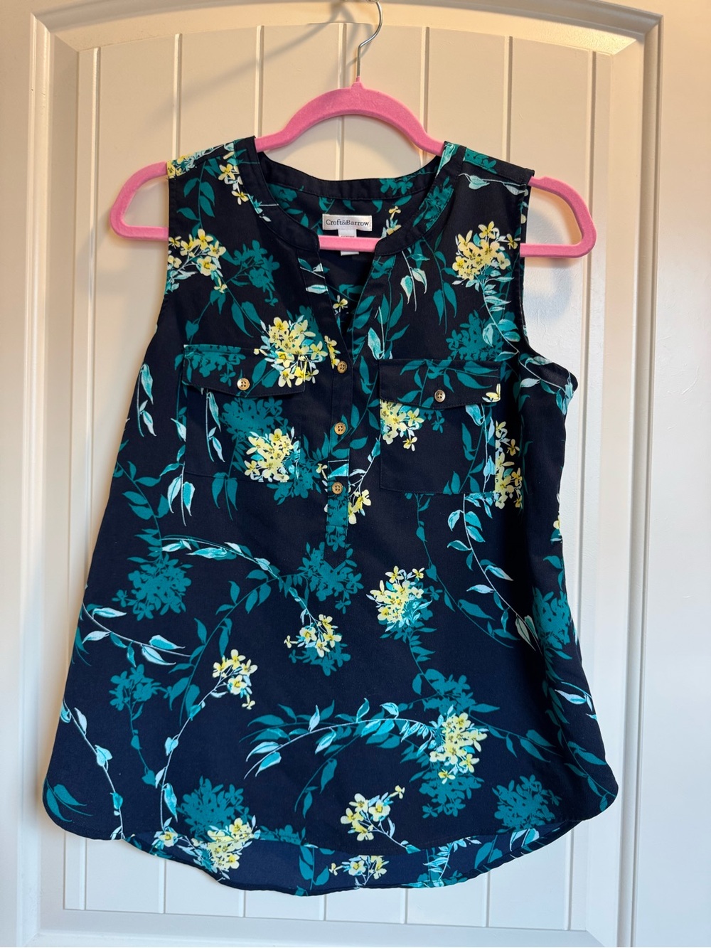 Croft & Barrow Navy Floral Blouse with Teal and Yellow Print